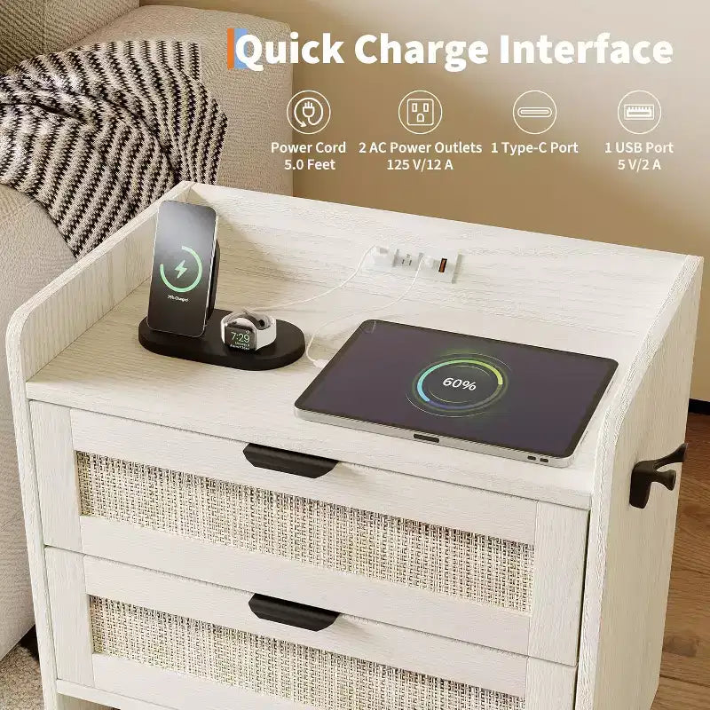 Acekool Comodino in Rattan con Stazione di Ricarica, Comodino Bohemien con 2 Cassetti, Porta Tipo C e USB