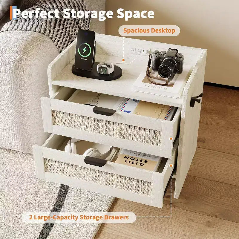 Acekool Comodino in Rattan con Stazione di Ricarica, Comodino Bohemien con 2 Cassetti, Porta Tipo C e USB