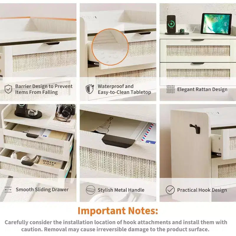 Acekool Comodino in Rattan con Stazione di Ricarica, Comodino Bohemien con 2 Cassetti, Porta Tipo C e USB