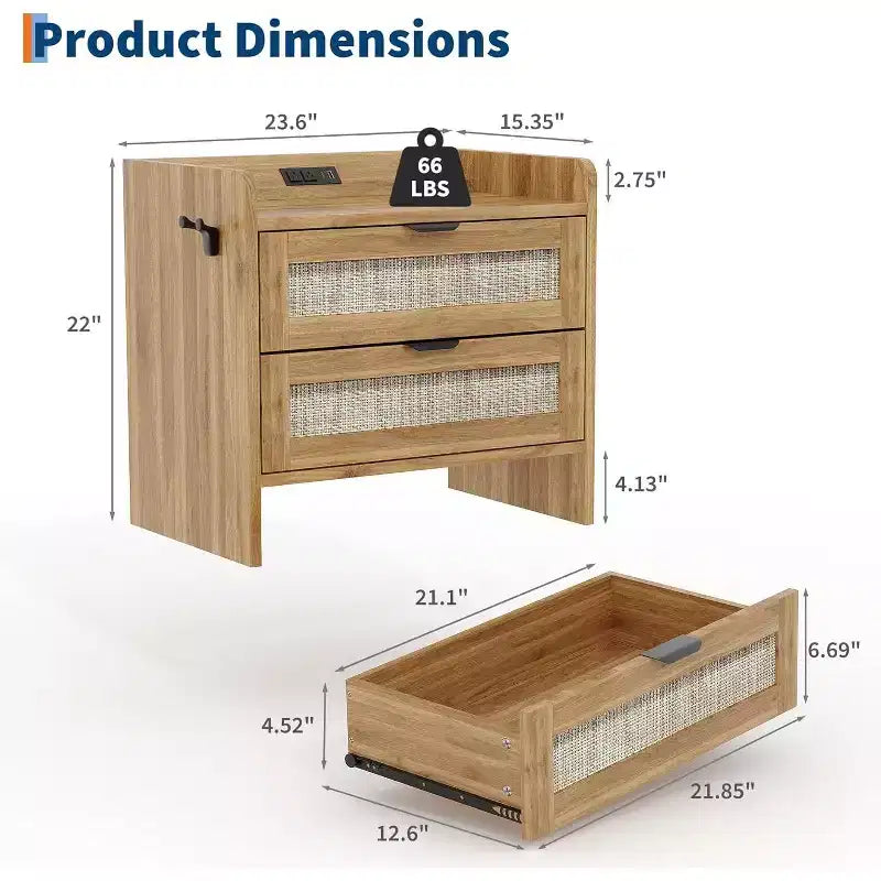 Acekool Comodino in Rattan con Stazione di Ricarica, Comodino Bohemien con 2 Cassetti, Porta Tipo C e USB