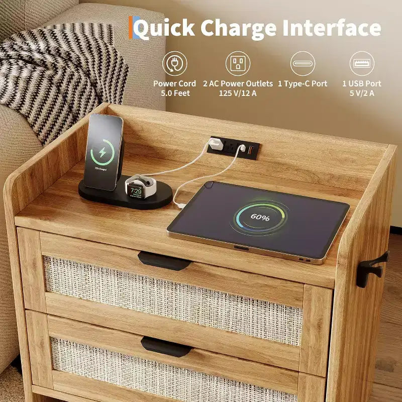 Acekool Comodino in Rattan con Stazione di Ricarica, Comodino Bohemien con 2 Cassetti, Porta Tipo C e USB