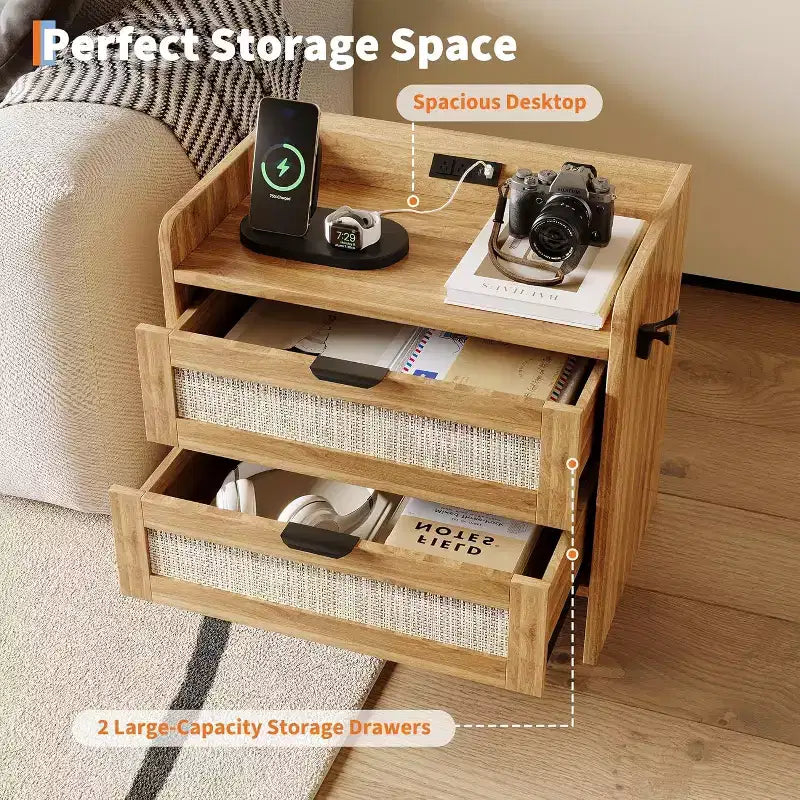 Acekool Comodino in Rattan con Stazione di Ricarica, Comodino Bohemien con 2 Cassetti, Porta Tipo C e USB