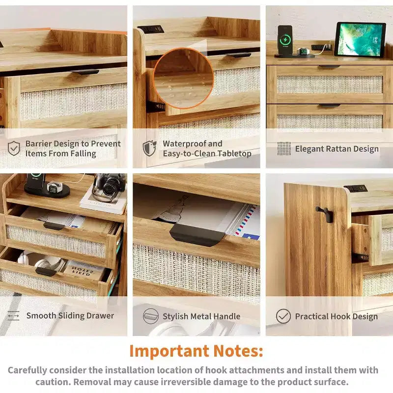 Acekool Comodino in Rattan con Stazione di Ricarica, Comodino Bohemien con 2 Cassetti, Porta Tipo C e USB