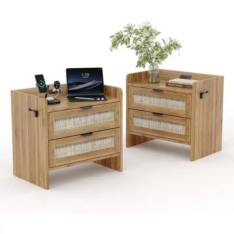 Acekool Rattan Nightstand with Charging Station, 2 Drawer Boho Bedside Table with Type C Port and USB