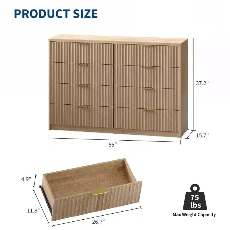 Comò scanalato per camera da letto, cassettiera a 8 cassetti, grande capacità e anti-ribaltamento, cassettiera moderna con maniglie in metallo, cassettiere in legno per armadio