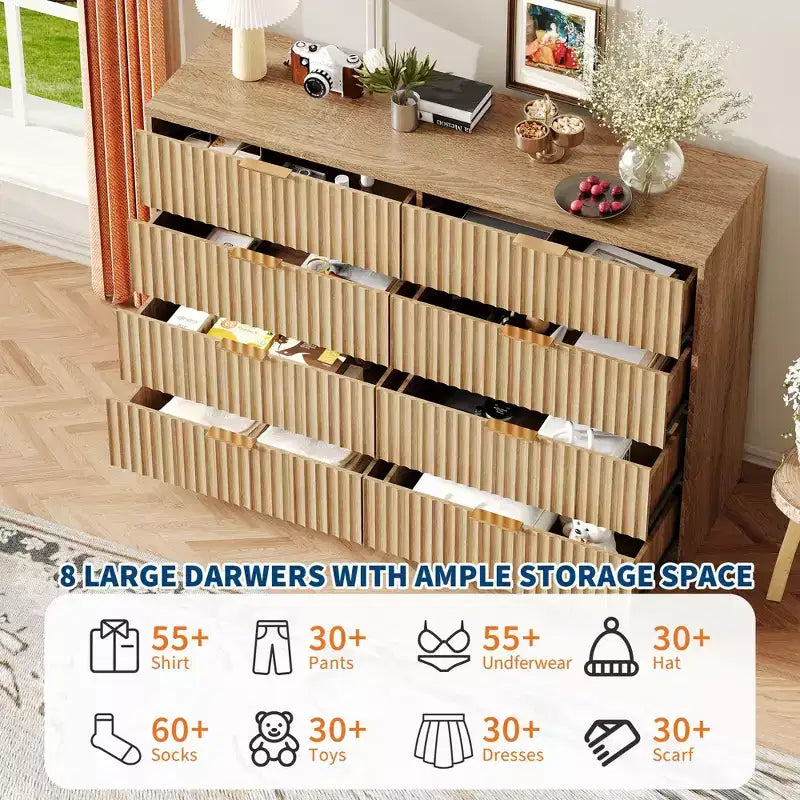 Comò scanalato per camera da letto, cassettiera a 8 cassetti, grande capacità e anti-ribaltamento, cassettiera moderna con maniglie in metallo, cassettiere in legno per armadio