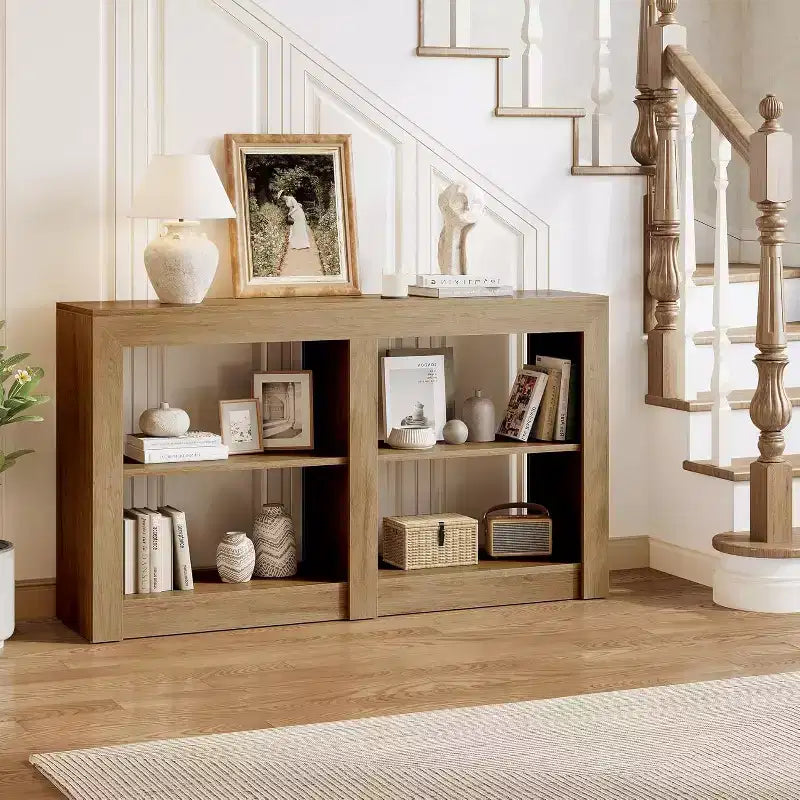 Tavolo Consolle da Ingresso da 150 cm con Ripiano a 2 Livelli, Design Rettangolare, Tavolino per Ingresso, Soggiorno, Corridoio, Colore Quercia