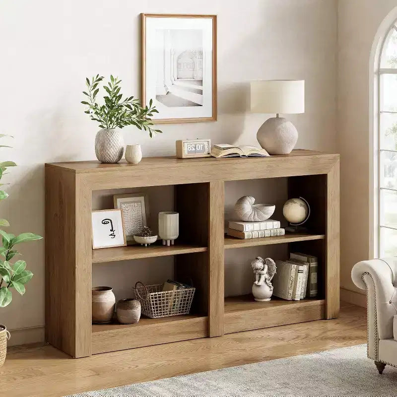 Tavolo Consolle da Ingresso da 150 cm con Ripiano a 2 Livelli, Design Rettangolare, Tavolino per Ingresso, Soggiorno, Corridoio, Colore Quercia
