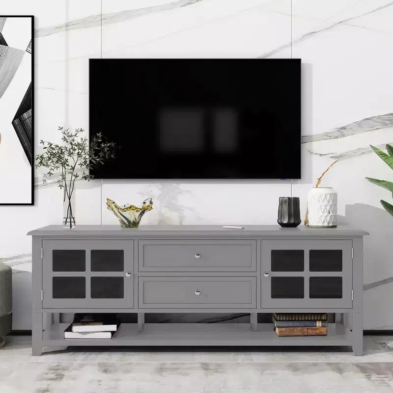 Mobile TV moderno da 59" per TV da 60", consolle multimediale in MDF grigio con vani portaoggetti multifunzionali e ante magnetiche silenziose