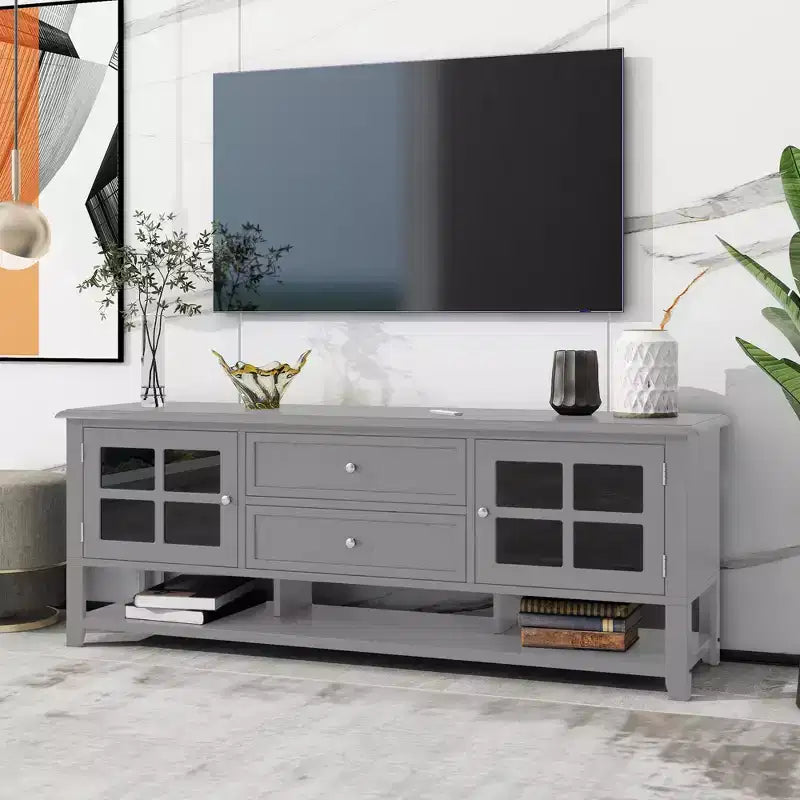 Mobile TV moderno da 59" per TV da 60", consolle multimediale in MDF grigio con vani portaoggetti multifunzionali e ante magnetiche silenziose