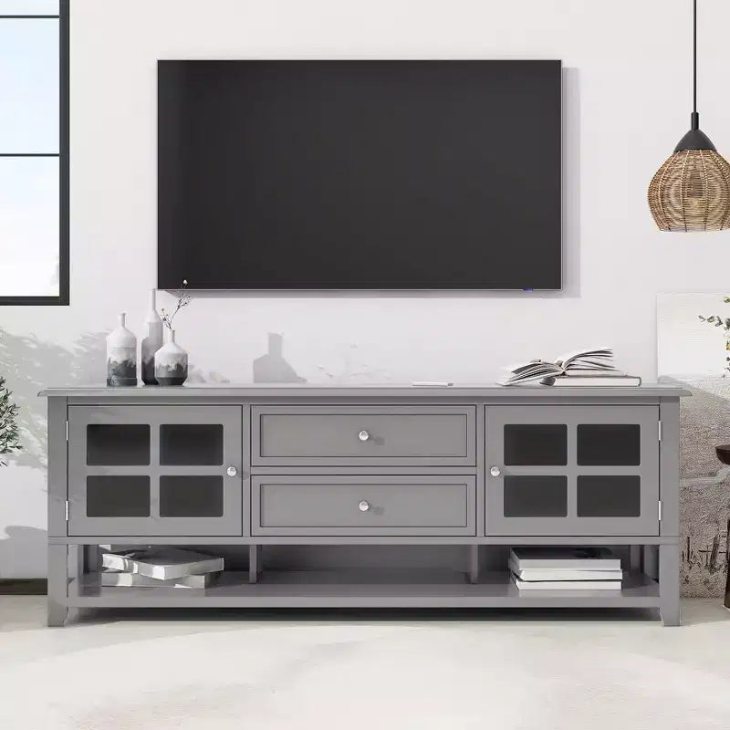 Mobile TV moderno da 59" per TV da 60", consolle multimediale in MDF grigio con vani portaoggetti multifunzionali e ante magnetiche silenziose