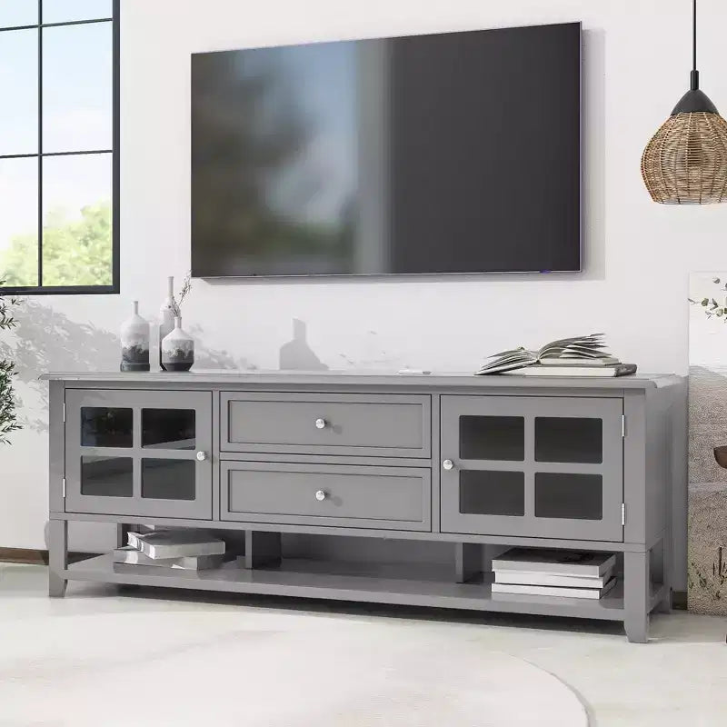 Mobile TV moderno da 59" per TV da 60", consolle multimediale in MDF grigio con vani portaoggetti multifunzionali e ante magnetiche silenziose