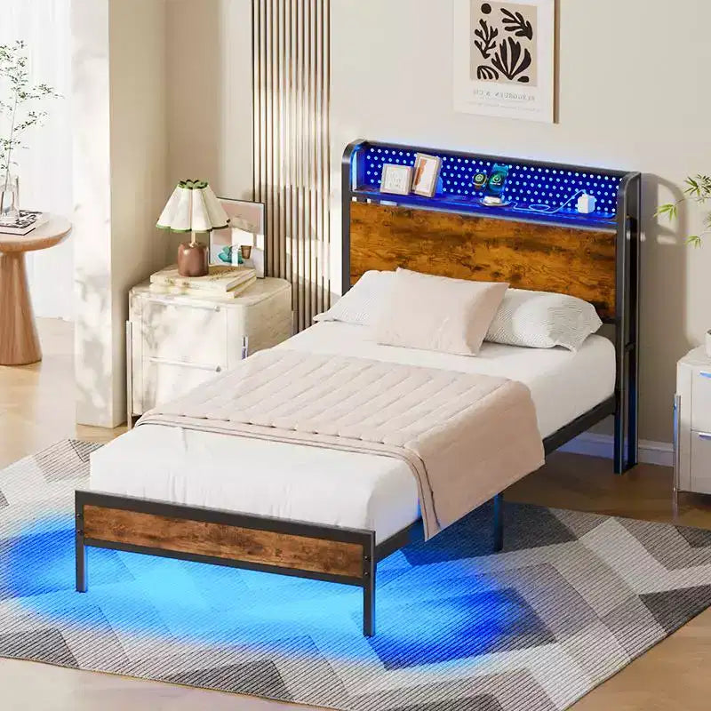 Twin Size Platform Bed Frame Storage Headboard LED Lights Charging Station Industrial Metal Wood Heavy Duty No Box Spring Needed Kids Dorm USB