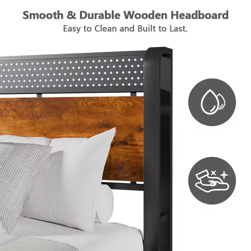Struttura Letto a Piattaforma Matrimoniale, Testiera Contenitore, Luci a LED, Stazione di Ricarica, Stile Industriale, Metallo e Legno, Resistente, Nessuna Molla Richiesta, Per Bambini, Dormitorio, USB