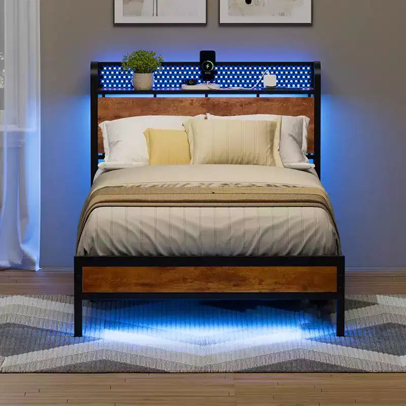Struttura Letto a Piattaforma Matrimoniale, Testiera Contenitore, Luci a LED, Stazione di Ricarica, Stile Industriale, Metallo e Legno, Resistente, Nessuna Molla Richiesta, Per Bambini, Dormitorio, USB