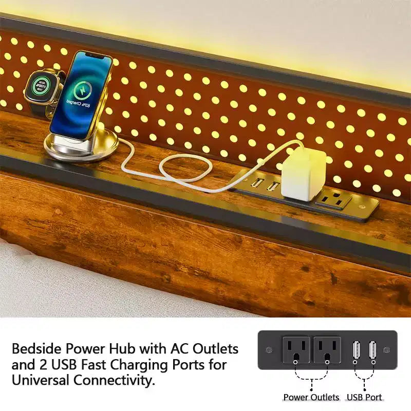 Struttura Letto a Piattaforma Matrimoniale, Testiera Contenitore, Luci a LED, Stazione di Ricarica, Stile Industriale, Metallo e Legno, Resistente, Nessuna Molla Richiesta, Per Bambini, Dormitorio, USB