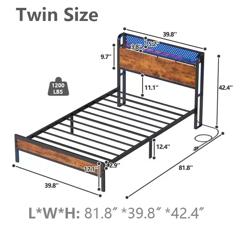 Struttura Letto a Piattaforma Matrimoniale, Testiera Contenitore, Luci a LED, Stazione di Ricarica, Stile Industriale, Metallo e Legno, Resistente, Nessuna Molla Richiesta, Per Bambini, Dormitorio, USB