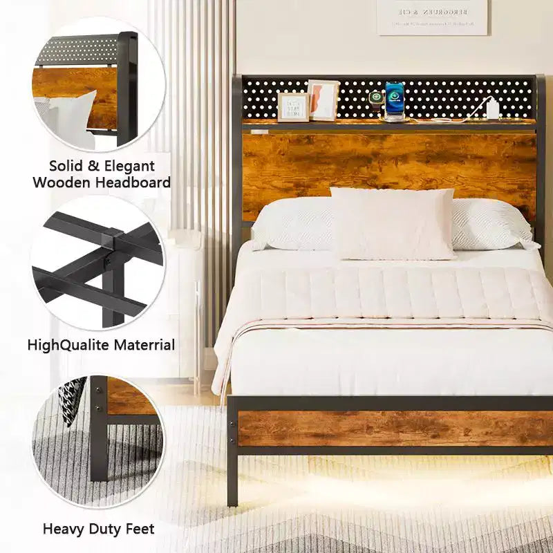 Struttura Letto a Piattaforma Matrimoniale, Testiera Contenitore, Luci a LED, Stazione di Ricarica, Stile Industriale, Metallo e Legno, Resistente, Nessuna Molla Richiesta, Per Bambini, Dormitorio, USB