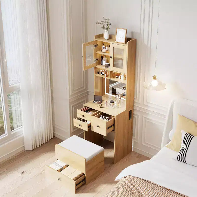 Toeletta 3 in 1, Mobile Trucco Alto con Cassetti Contenitori e Ante in Acrilico, Tavolo da Trucco con Specchio, Porta Gioielli e Sedia Imbottita