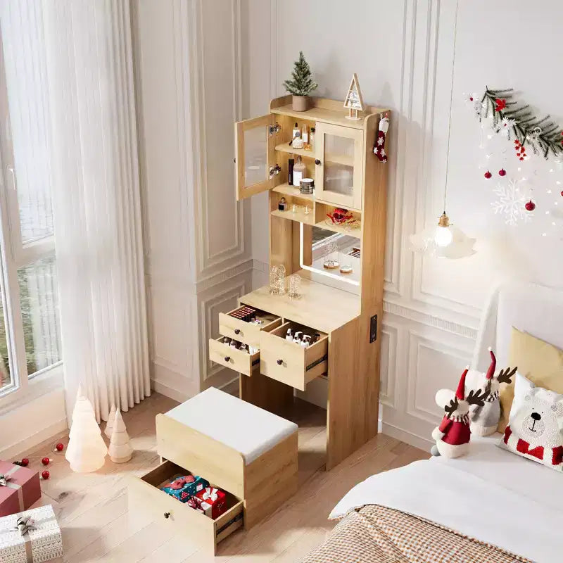 Toeletta 3 in 1, Mobile Trucco Alto con Cassetti Contenitori e Ante in Acrilico, Tavolo da Trucco con Specchio, Porta Gioielli e Sedia Imbottita