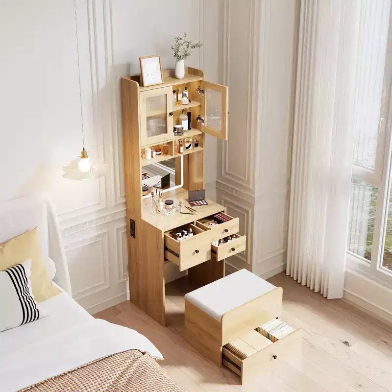 Toeletta 3 in 1, Mobile Trucco Alto con Cassetti Contenitori e Ante in Acrilico, Tavolo da Trucco con Specchio, Porta Gioielli e Sedia Imbottita