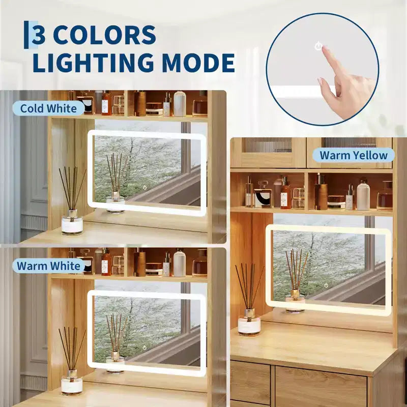 Toeletta 3 in 1, Mobile Trucco Alto con Cassetti Contenitori e Ante in Acrilico, Tavolo da Trucco con Specchio, Porta Gioielli e Sedia Imbottita