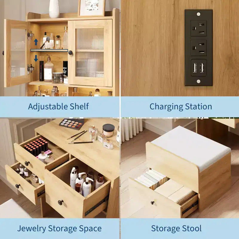 Toeletta 3 in 1, Mobile Trucco Alto con Cassetti Contenitori e Ante in Acrilico, Tavolo da Trucco con Specchio, Porta Gioielli e Sedia Imbottita