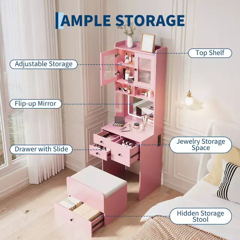 Toeletta 3 in 1, Mobile Trucco Alto con Cassetti Contenitori e Ante in Acrilico, Tavolo da Trucco con Specchio, Porta Gioielli e Sedia Imbottita