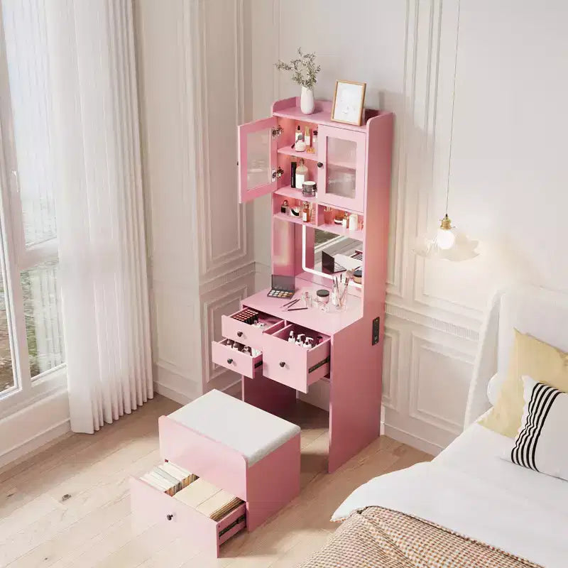 Toeletta 3 in 1, Mobile Trucco Alto con Cassetti Contenitori e Ante in Acrilico, Tavolo da Trucco con Specchio, Porta Gioielli e Sedia Imbottita