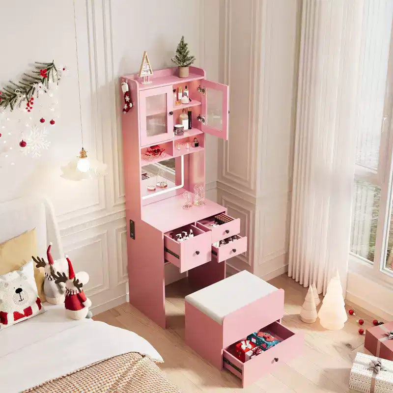 Toeletta 3 in 1, Mobile Trucco Alto con Cassetti Contenitori e Ante in Acrilico, Tavolo da Trucco con Specchio, Porta Gioielli e Sedia Imbottita