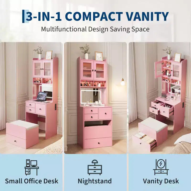 Toeletta 3 in 1, Mobile Trucco Alto con Cassetti Contenitori e Ante in Acrilico, Tavolo da Trucco con Specchio, Porta Gioielli e Sedia Imbottita