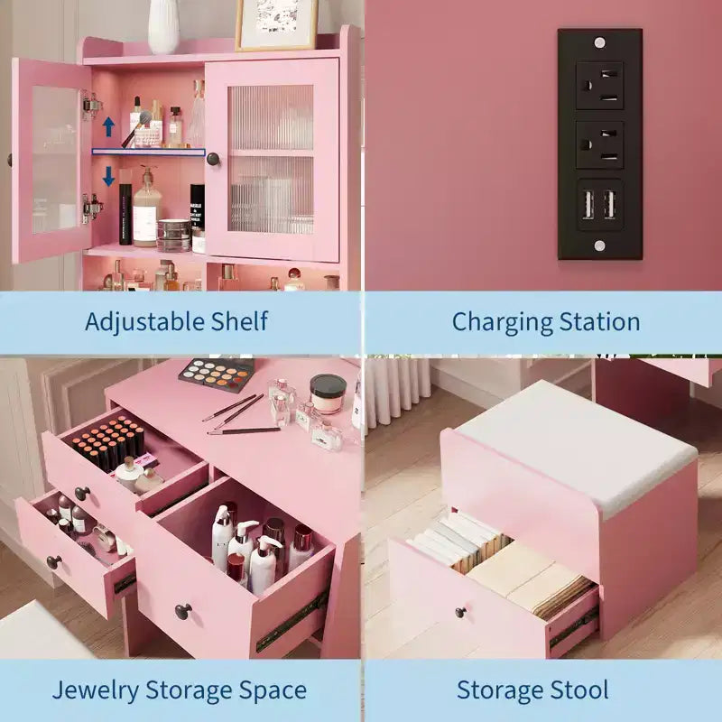 Toeletta 3 in 1, Mobile Trucco Alto con Cassetti Contenitori e Ante in Acrilico, Tavolo da Trucco con Specchio, Porta Gioielli e Sedia Imbottita