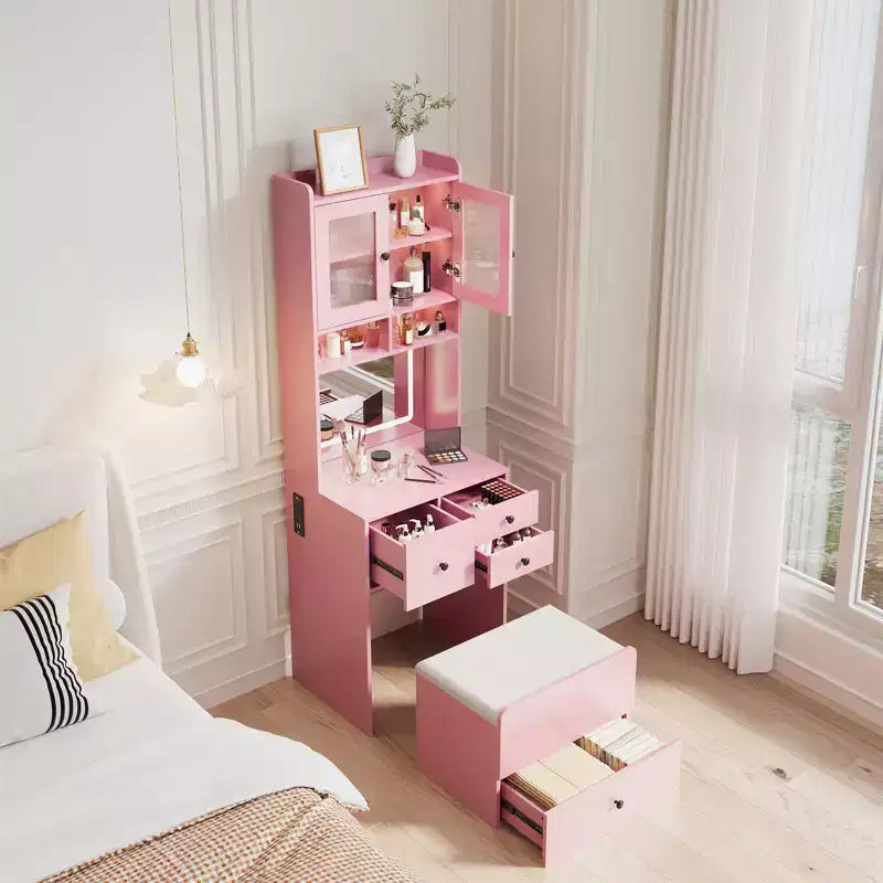 Toeletta 3 in 1, Mobile Trucco Alto con Cassetti Contenitori e Ante in Acrilico, Tavolo da Trucco con Specchio, Porta Gioielli e Sedia Imbottita