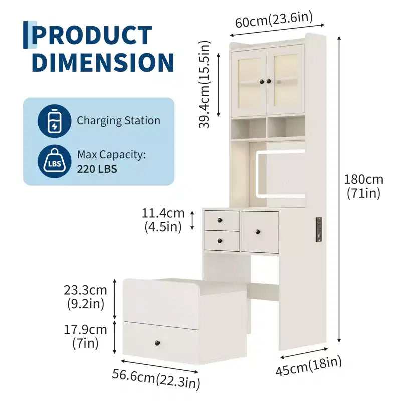 Toeletta 3 in 1, Mobile Trucco Alto con Cassetti Contenitori e Ante in Acrilico, Tavolo da Trucco con Specchio, Porta Gioielli e Sedia Imbottita