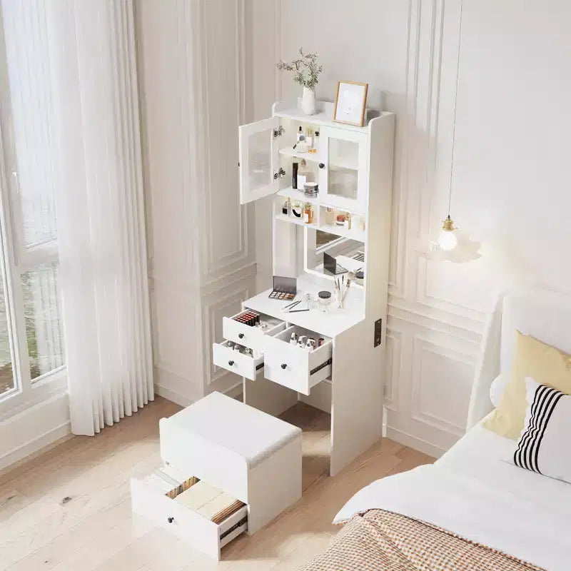Toeletta 3 in 1, Mobile Trucco Alto con Cassetti Contenitori e Ante in Acrilico, Tavolo da Trucco con Specchio, Porta Gioielli e Sedia Imbottita