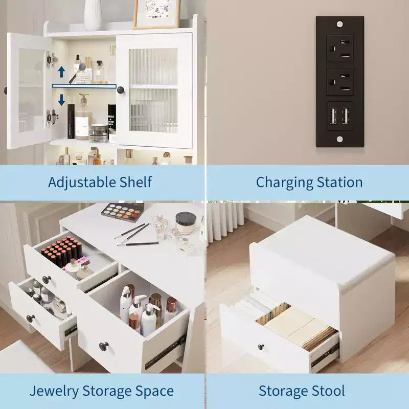 Toeletta 3 in 1, Mobile Trucco Alto con Cassetti Contenitori e Ante in Acrilico, Tavolo da Trucco con Specchio, Porta Gioielli e Sedia Imbottita