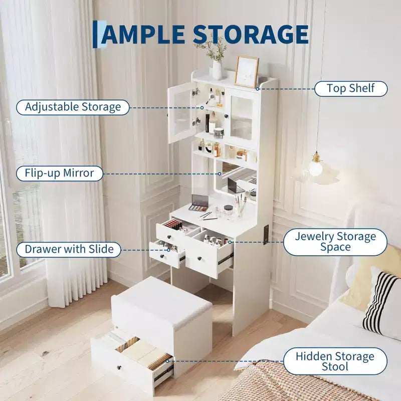 Toeletta 3 in 1, Mobile Trucco Alto con Cassetti Contenitori e Ante in Acrilico, Tavolo da Trucco con Specchio, Porta Gioielli e Sedia Imbottita