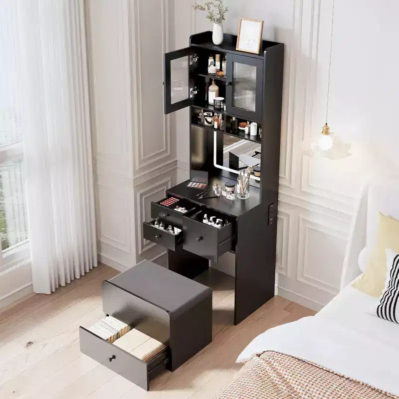 Toeletta 3 in 1, Mobile Trucco Alto con Cassetti Contenitori e Ante in Acrilico, Tavolo da Trucco con Specchio, Porta Gioielli e Sedia Imbottita
