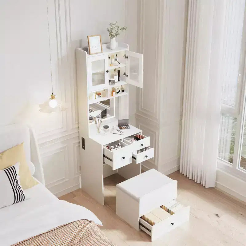 Toeletta 3 in 1, Mobile Trucco Alto con Cassetti Contenitori e Ante in Acrilico, Tavolo da Trucco con Specchio, Porta Gioielli e Sedia Imbottita