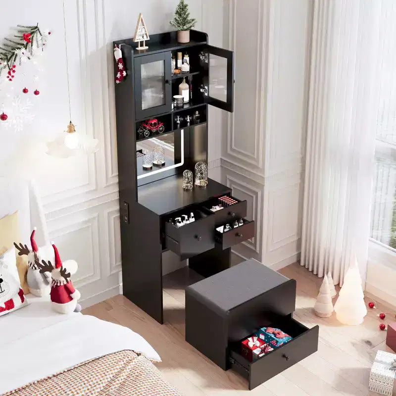 Toeletta 3 in 1, Mobile Trucco Alto con Cassetti Contenitori e Ante in Acrilico, Tavolo da Trucco con Specchio, Porta Gioielli e Sedia Imbottita