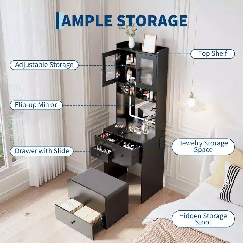 Toeletta 3 in 1, Mobile Trucco Alto con Cassetti Contenitori e Ante in Acrilico, Tavolo da Trucco con Specchio, Porta Gioielli e Sedia Imbottita