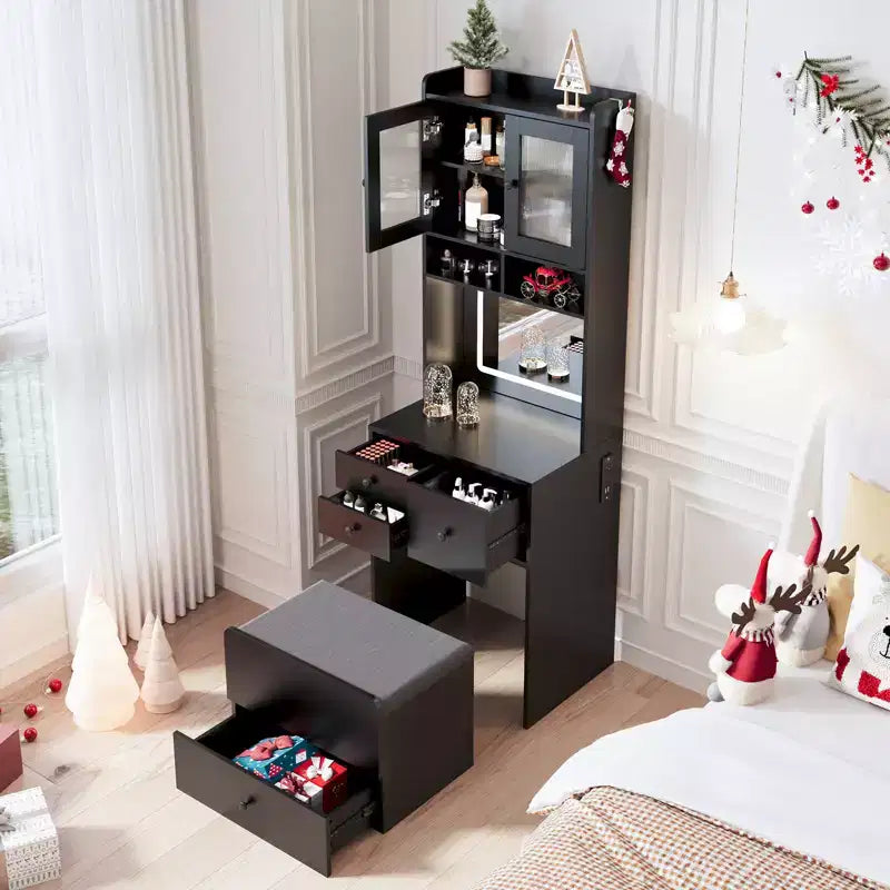 COZONY 3 in 1 Vanity Desk, Tall Makeup Vanity with Storage Drawers & Acrylic Doors, Dressing Table with Mirror, Jewelry Storage & Cushioned Chair