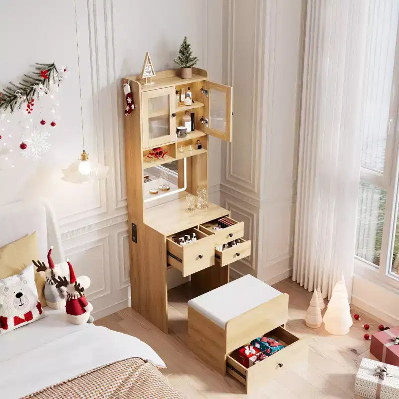 Toeletta 3 in 1, Mobile Trucco Alto con Cassetti Contenitori e Ante in Acrilico, Tavolo da Trucco con Specchio, Porta Gioielli e Sedia Imbottita