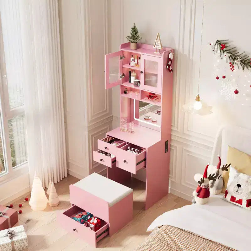 Toeletta 3 in 1, Mobile Trucco Alto con Cassetti Contenitori e Ante in Acrilico, Tavolo da Trucco con Specchio, Porta Gioielli e Sedia Imbottita