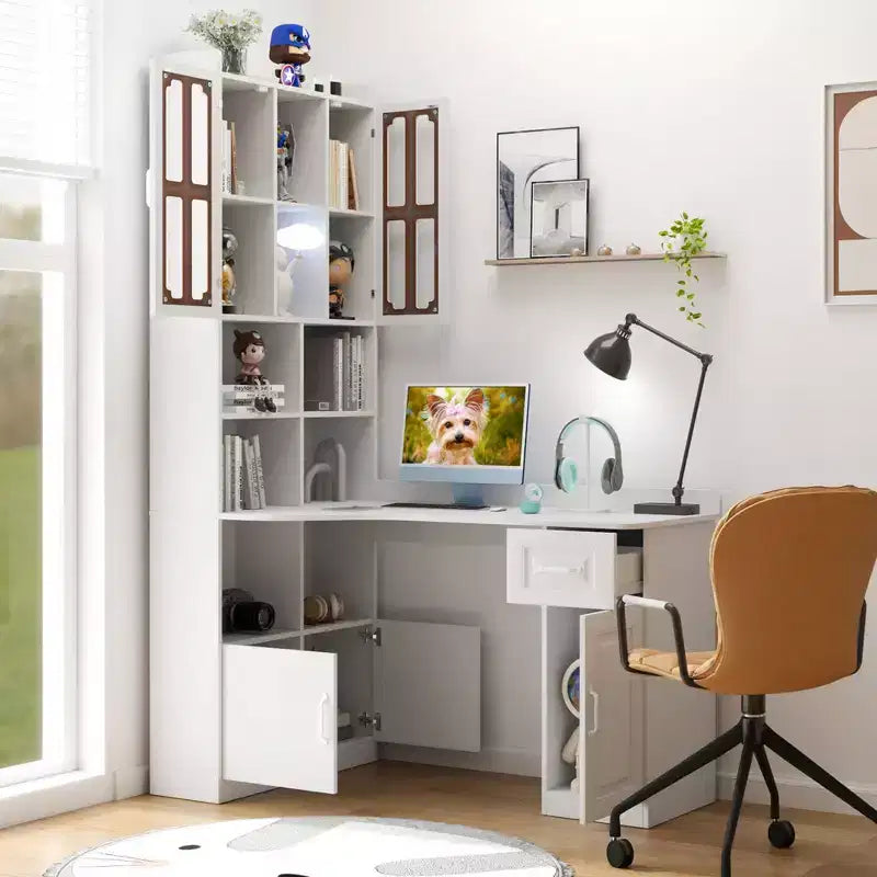 Scrivania angolare a L, scrivania per computer con libreria e ripiani, scrivania da studio 2 in 1 con cassetti, armadietti, scrivania moderna per ufficio, studio