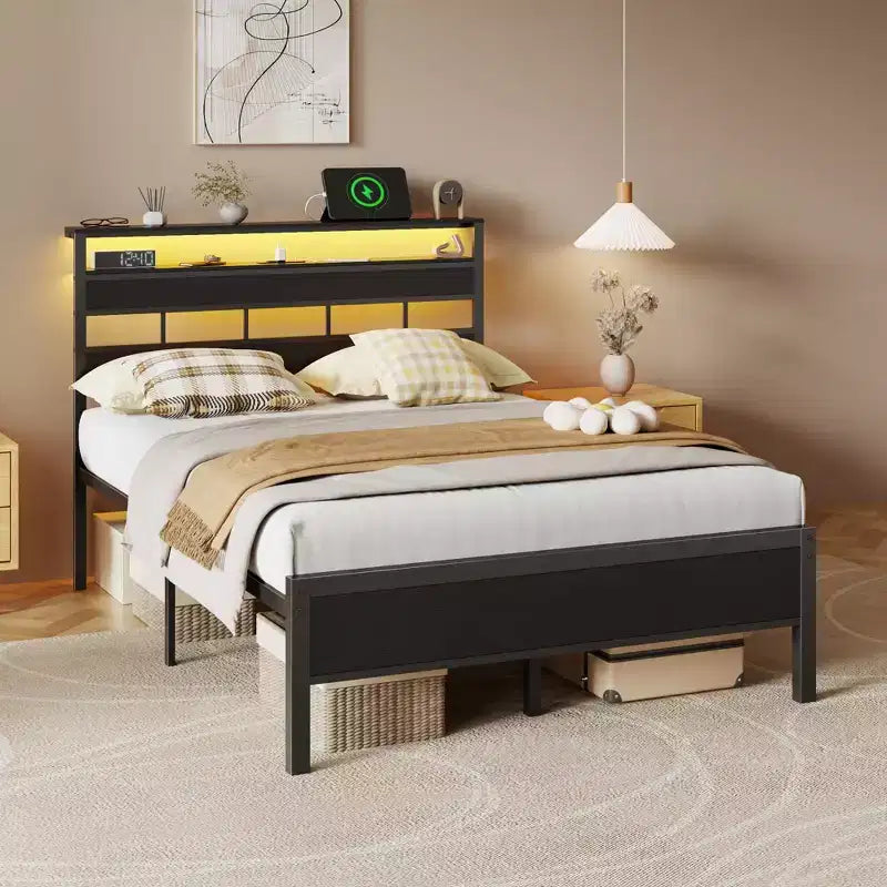 Struttura letto a piattaforma in metallo full-size con luci LED Stazione di ricarica Testiera a 2 ripiani Industriale in legno Nessuna molla necessaria USB per ragazzi