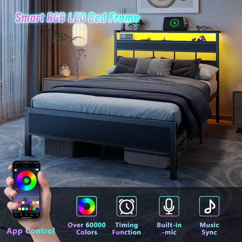 Struttura letto a piattaforma in metallo full-size con luci LED Stazione di ricarica Testiera a 2 ripiani Industriale in legno Nessuna molla necessaria USB per ragazzi