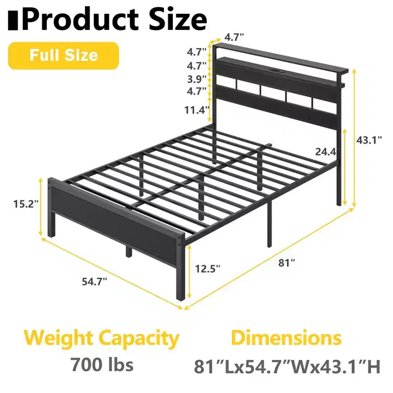 Struttura letto a piattaforma in metallo full-size con luci LED Stazione di ricarica Testiera a 2 ripiani Industriale in legno Nessuna molla necessaria USB per ragazzi