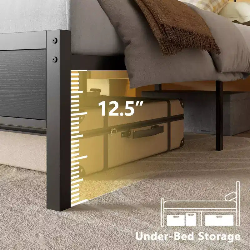 Struttura letto a piattaforma in metallo full-size con luci LED Stazione di ricarica Testiera a 2 ripiani Industriale in legno Nessuna molla necessaria USB per ragazzi