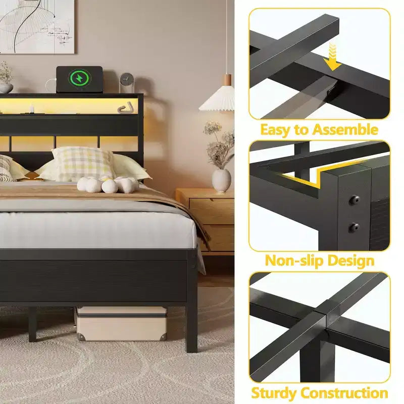 Struttura letto a piattaforma in metallo full-size con luci LED Stazione di ricarica Testiera a 2 ripiani Industriale in legno Nessuna molla necessaria USB per ragazzi